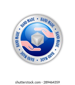 Blue and silver hand made sign on white background
