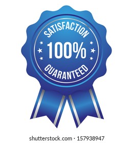 Blue silver hundred percent satisfaction badge with ribbon