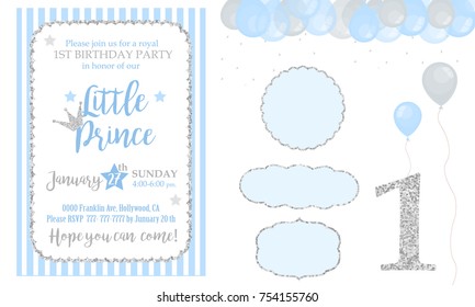 Blue and silver prince party decor. Cute happy birthday card template elements. Birthday party and boy baby shower design elements set. Glitter texture.  Gloss effect. Banner with balloons