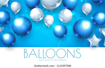 Blue and Silver Realistic Glossy Balloons Background with Bokeh Effect. Vector illustration