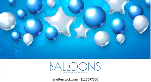 Blue and Silver Realistic Glossy Balloons Background with Bokeh Effect. Vector illustration