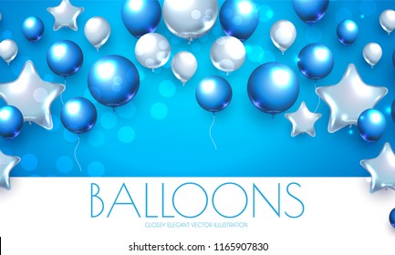 Blue and Silver Realistic Glossy Balloons Background with Bokeh Effect. Vector illustration