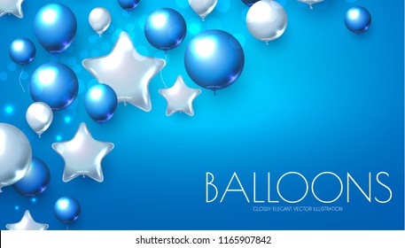 Blue And Silver Realistic Glossy Balloons Background With Bokeh Effect. Vector Illustration