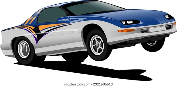 blue silver retro oldschool classic vintage drag race sports american muscle car front side wheelie vector illustration