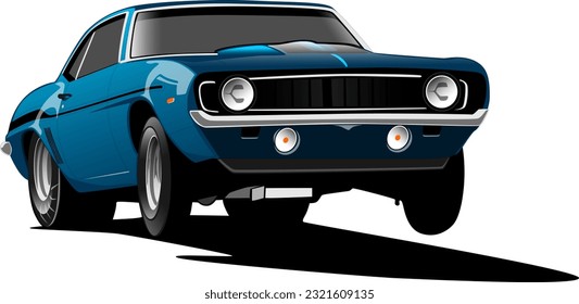 blue silver retro oldschool classic vintage drag race sports american muscle car front side wheelie vector illustration