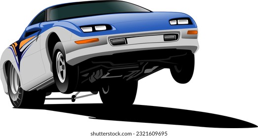 blue silver retro oldschool classic vintage drag race sports american muscle car front side wheelie vector illustration