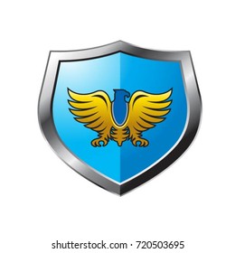 blue & silver shiny shield with bird inside-vector drawing