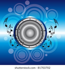 blue and silver speaker with note musicals over circles and blue background