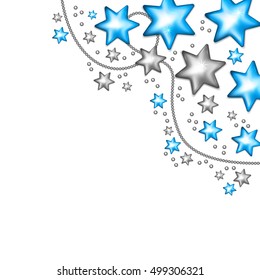 Blue and silver stars isolated on white background. Holiday christmas toy for fir tree. Vector illustration.