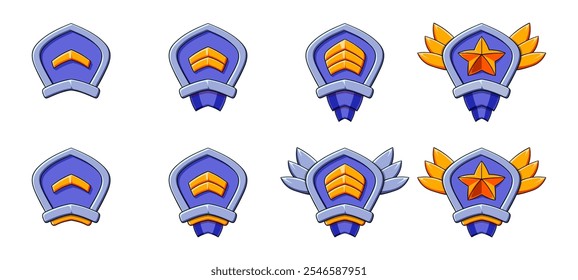 Blue silvered cartoon rank patent level set. Patent, stars, wings, red ribbon. Progress game evolution.