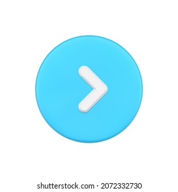 Blue simple arrow pointer of direction in circle button 3d vector illustration. Interface badge application with right navigation sign isolated. Logotype cursor for rewinding to next or forward upload