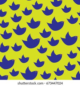 Blue simple birds on the lemon yellow background. Bright seamless pattern for backdrop, textile print, fabric or wrapping paper