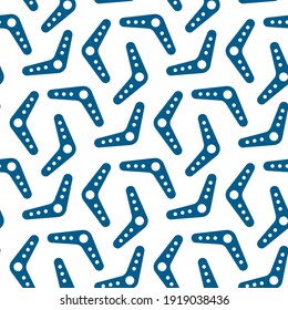 Blue simple boomerangs isolated on white background. Cute monochrome seamless pattern. Vector flat graphic illustration. Texture.