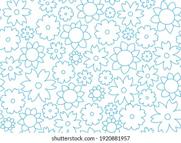 Blue simple daisy flowers. Seamless pattern. Vector graphic drawing. Floral pattern. Printing with small blue flowers.