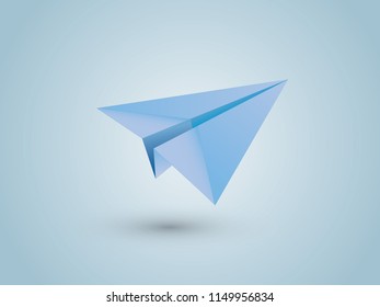 A blue simple folded paper plane flying icon on light background vector illustration