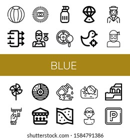 blue simple icons set. Contains such icons as Beach ball, Air quality, Target, Swimmer, Water bottle, Space capsule, Shooting gallery, Sailor, can be used for web, mobile and logo