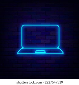 Blue simple laptop neon signboard. Digital store, Electronics shop sign. Glowing poster. Copy space frame on brick wall. Editable stroke. Vector stock illustration