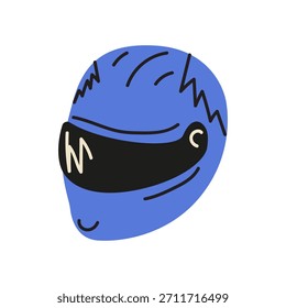 Blue simple motorcycle helmet isolated on a white background. Modern bright racing team helmet vector illustration in doodle cartoon style
