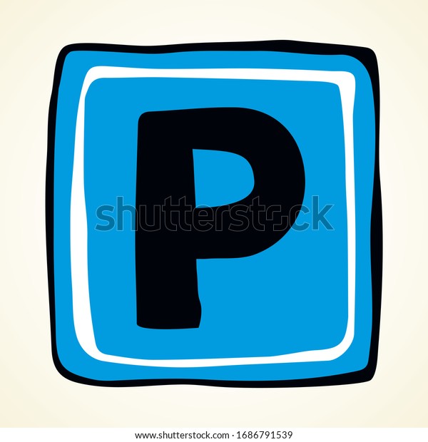 Blue simple way p point stay roadside notice route\
info mark board logo element. Outline black hand drawn flat\
abstract web park square emblem banner design sketch. Doodle art\
cartoon white line style