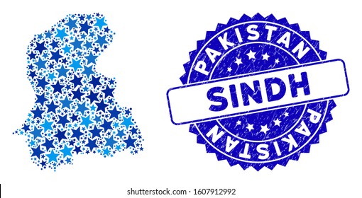 Blue Sindh Province map composition of stars, and textured round stamp seal. Abstract territory plan in blue color hues. Vector Sindh Province map is formed of blue stars.