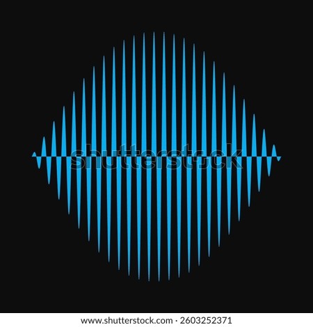 Blue sine wave, vertical lines icon. A symbol made from sound waveforms. Isolated on a black background.