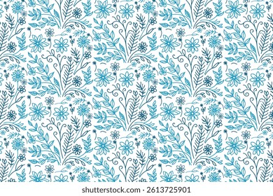 blue single line floral pattern with minimalist cotton flowers for modern women apparel and seamless fabric prints

