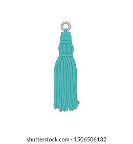 Blue single tassel with metal ring, textile trim element doodle cartoon vector illustration isolated on background. Thread embellishment design for curtains and cloth.