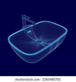 A blue sink with a faucet is shown in a 3D image. The sink is designed to look like a modern, sleek piece of art. The blue color of the sink and the faucet creates a calming and serene mood