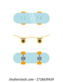 Blue skateboard from various angles. Flat style vector illustration isolated on white background. 