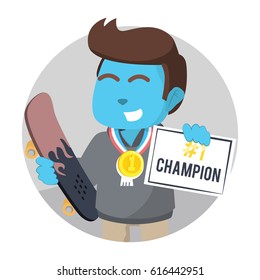 blue skater boy champion get certificate and medal