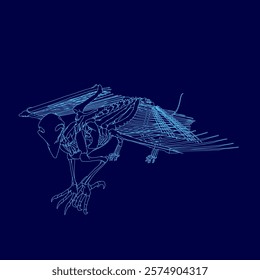 Blue skeleton bird is displayed in a blue background. The skeleton is positioned in the center of the image, with its wings spread out. The blue background creates a sense of depth and contrast