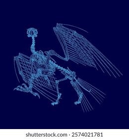 Blue skeleton bird is displayed in the image. The skeleton is positioned in the center of the image, with its wings spread out. The background is a deep blue color