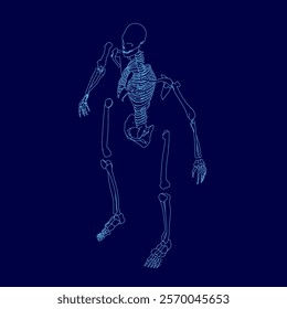 Blue skeleton is depicted in the image, with its arms crossed and head tilted. The skeleton is standing in a blue background, which creates a sense of depth and contrast