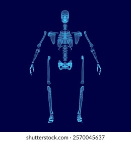 Blue skeleton is shown in a blue background. The skeleton is in a pose that looks like it is about to fall. Scene is eerie and unsettling