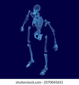 Blue skeleton is standing in background with its arms outstretched. The skeleton is the main focus of the image, and its blue color contrasts with the blue background