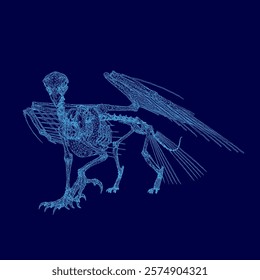 Blue skeleton with wings is shown in a blue background. blue skeleton with wings