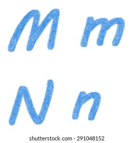 Blue sketch font design set - letters M, N