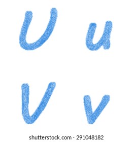 Blue sketch font design set - letters U, V