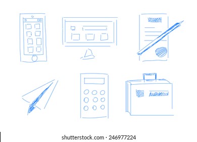 Blue sketch icons set for business, drawn pen