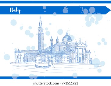 Blue sketch liners vector italy venice quay near the river old houses and gandola