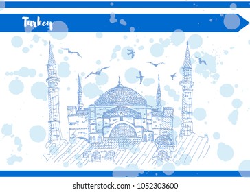 blue sketch postcard turkey temple sophia vector illustration