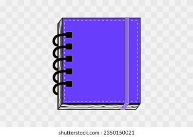 Blue sketchbook. Closed paper notebook in hardcover. Workbook with elastic band, spiral. Diary, planner, note organizer. Office business document, top view. Education and training. Vector illustration