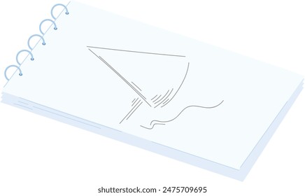 Blue sketchbook simple drawing pencil isolated white background. Open drawing pad wire spiral top view school supplies. Draft sketch artistic creation notebook paper blue lines