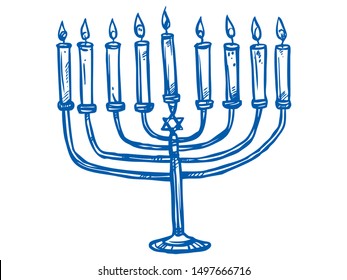 Blue Sketched Illustration of the Jewish Menorah Icon