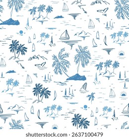 Blue sketched tropical island pattern on white background with palm tree, sailboats, yacht, waves. Vector summer beach landscape textile design, ocean repeat background, wallpaper in hand drawn style.