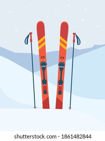 Blue ski equipment at the ski resort. Snowy mountains and slopes, winter evening and morning landscape, sunset, sunrise. Vector illustration.