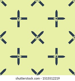 Blue Ski and sticks icon isolated seamless pattern on yellow background. Extreme sport. Skiing equipment. Winter sports icon.  Vector Illustration