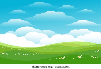 Blue skies green hills horizon. Sunny pastures, lawn fields with skies, daisies and cute clouds vector illustration, cartoon meadow background