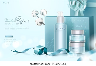 Blue skin care gift set ads with graceful wrapped boxes and cotton elements on selective focus background, 3d illustration