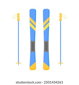 Blue skis in cartoon style on a white background. Winter sport. Skiing. Personification of winter